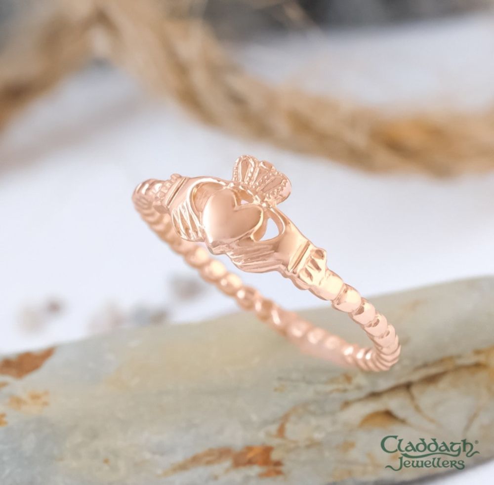 10kt Rose Gold Beaded Band Claddagh Ring