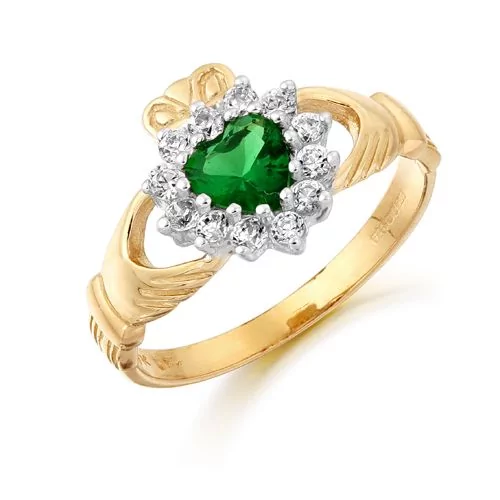 Gold Cluster CZ Emerald Claddagh Ring Claddagh Jewellers