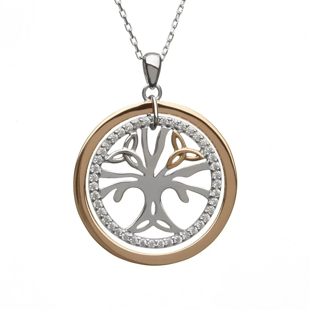 Sterling Silver Rare Irish Rose Gold CZ Tree Of Life Pendant Chain