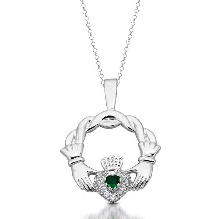 9kt White Gold Celtic Knot CZ Large Claddagh Pendant & Chain